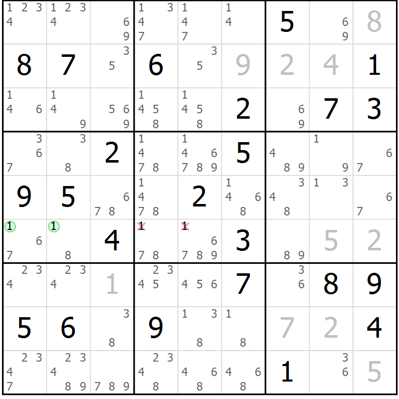 Position des candidats pour la solution de la Gr 80 page 83 du magazine de sudoku Maestro n° 101