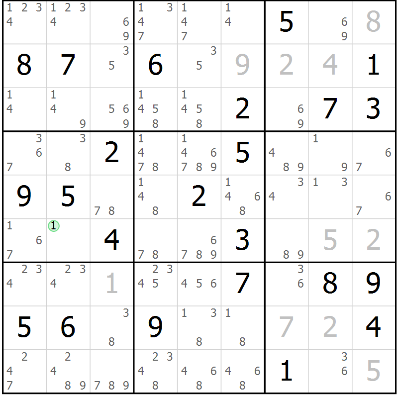 Position des candidats pour la solution de la Gr 80 page 83 du magazine de sudoku Maestro n° 101