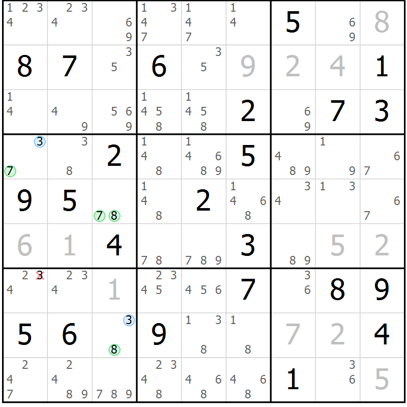 Position des candidats pour la solution de la Gr 80 page 83 du magazine de sudoku Maestro n° 101