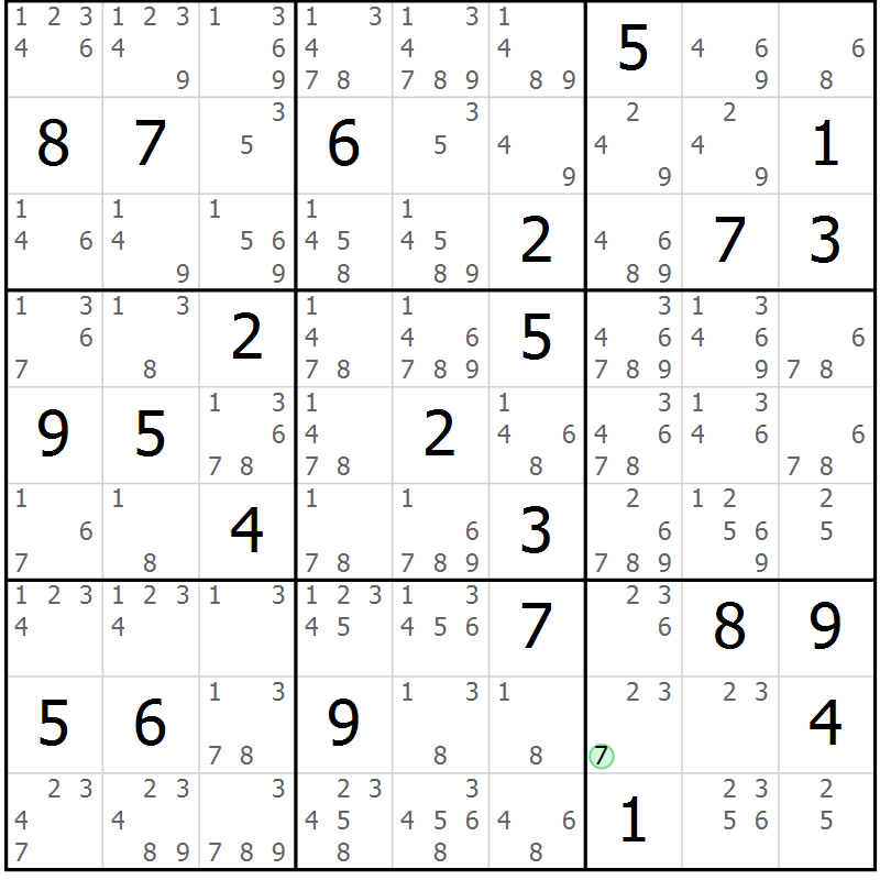 Position des candidats pour la solution de la Gr 80 page 83 du magazine de sudoku Maestro n° 101