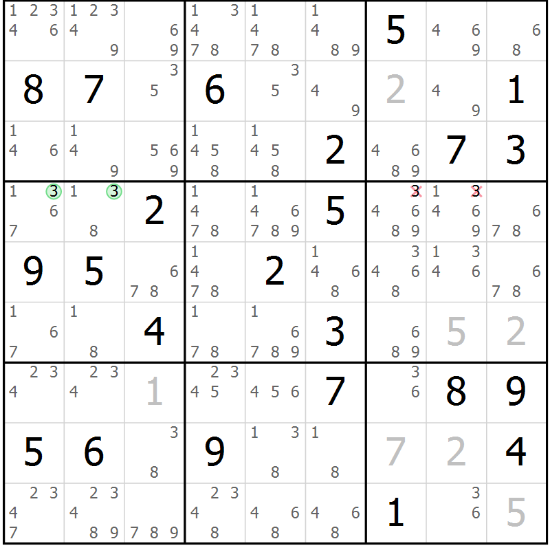 Position des candidats pour la solution de la Gr 80 page 83 du magazine de sudoku Maestro n° 101