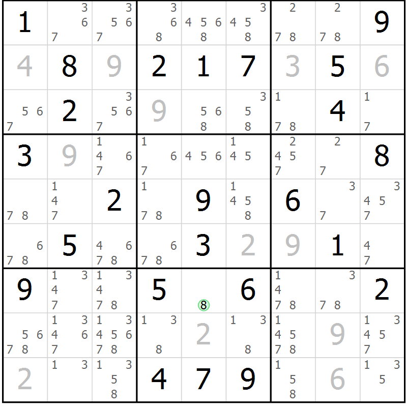 Position des candidats pour la solution de la Gr 81 page 84 du magazine de sudoku Maestro n° 101