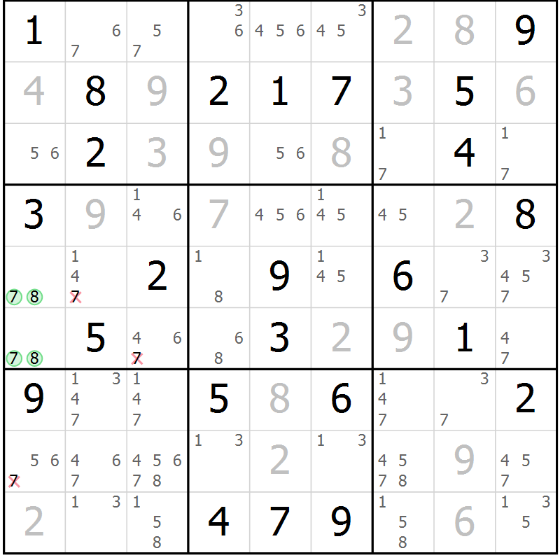 Position des candidats pour la solution de la Gr 81 page 84 du magazine de sudoku Maestro n° 101