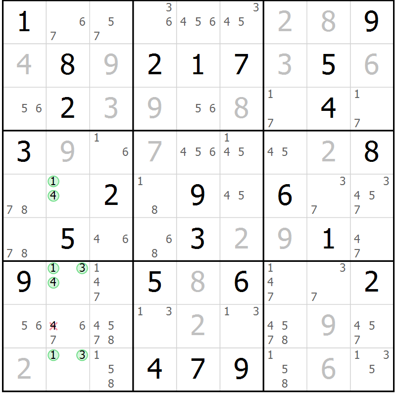 Position des candidats pour la solution de la Gr 81 page 84 du magazine de sudoku Maestro n° 101