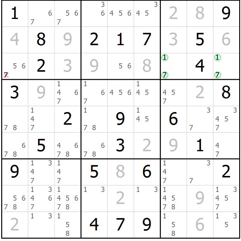 Position des candidats pour la solution de la Gr 81 page 84 du magazine de sudoku Maestro n° 101