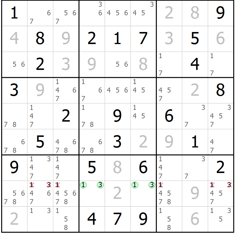 Position des candidats pour la solution de la Gr 81 page 84 du magazine de sudoku Maestro n° 101