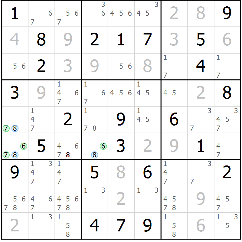 Position des candidats pour la solution de la Gr 81 page 84 du magazine de sudoku Maestro n° 101