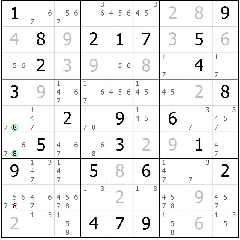 Position des candidats pour la solution de la Gr 81 page 84 du magazine de sudoku Maestro n° 101