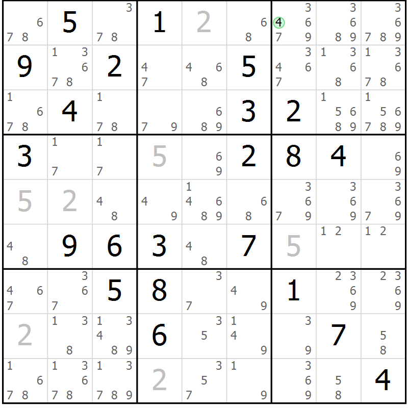 Position des candidats pour la solution de la Gr 82 page 85 du magazine de sudoku Maestro n° 101