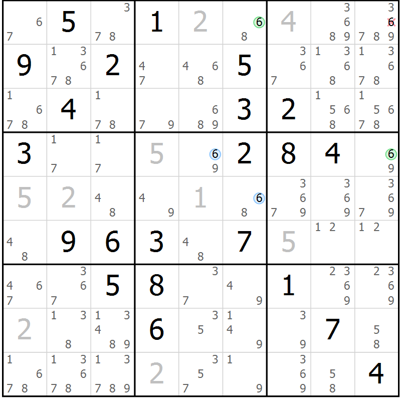 Position des candidats pour la solution de la Gr 82 page 85 du magazine de sudoku Maestro n° 101