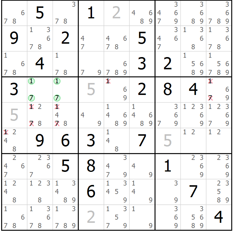 Position des candidats pour la solution de la Gr 82 page 85 du magazine de sudoku Maestro n° 101