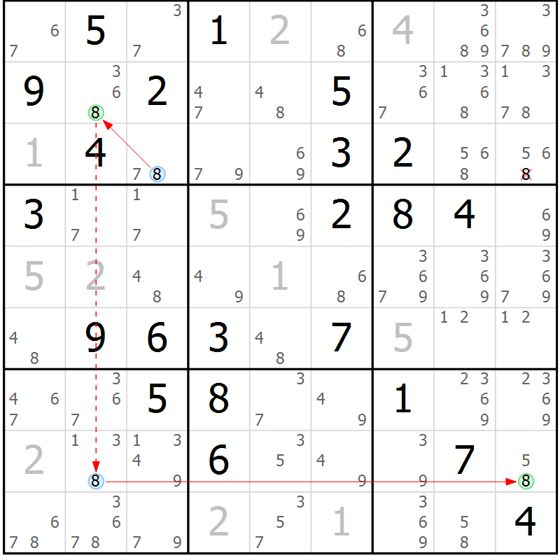 Position des candidats pour la solution de la Gr 82 page 85 du magazine de sudoku Maestro n° 101