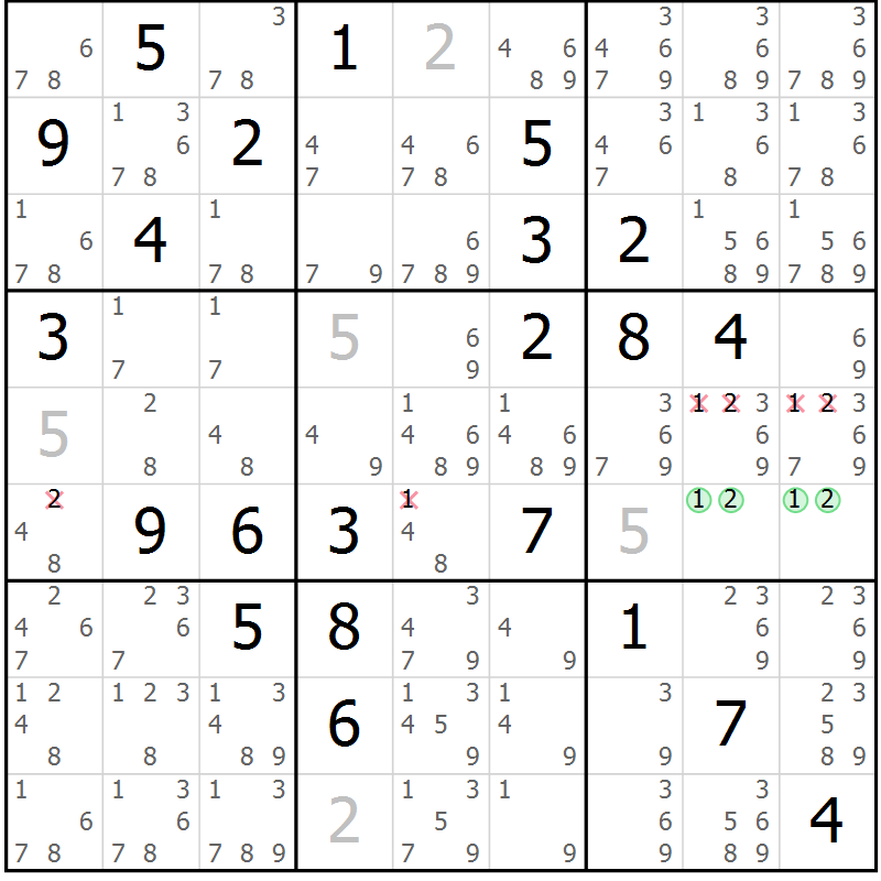 Position des candidats pour la solution de la Gr 82 page 85 du magazine de sudoku Maestro n° 101