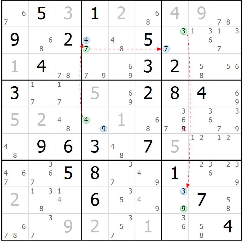 Position des candidats pour la solution de la Gr 82 page 85 du magazine de sudoku Maestro n° 101