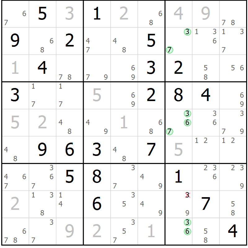 Position des candidats pour la solution de la Gr 82 page 85 du magazine de sudoku Maestro n° 101