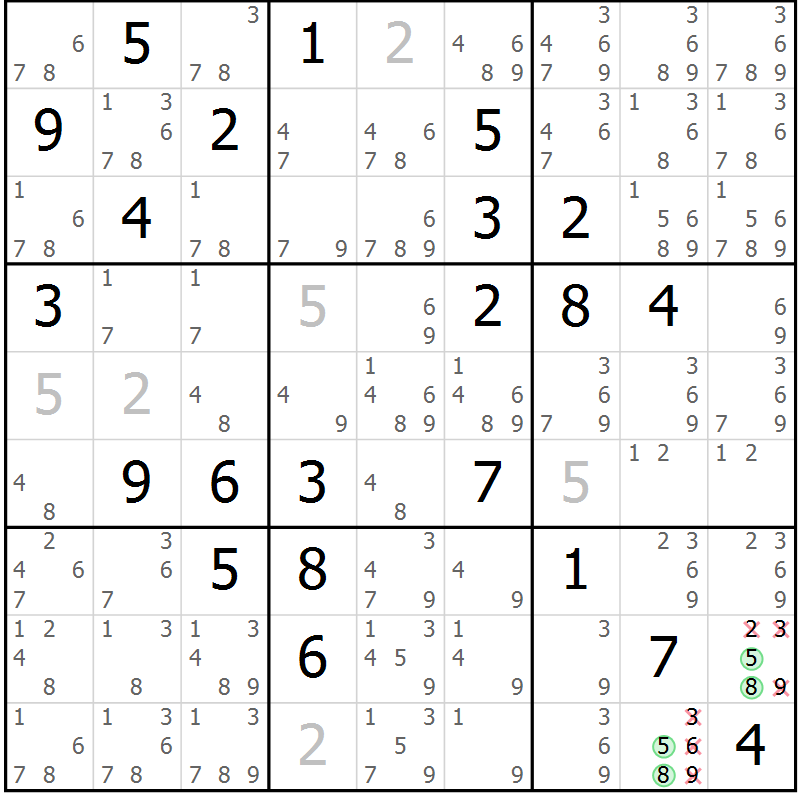 Position des candidats pour la solution de la Gr 82 page 85 du magazine de sudoku Maestro n° 101
