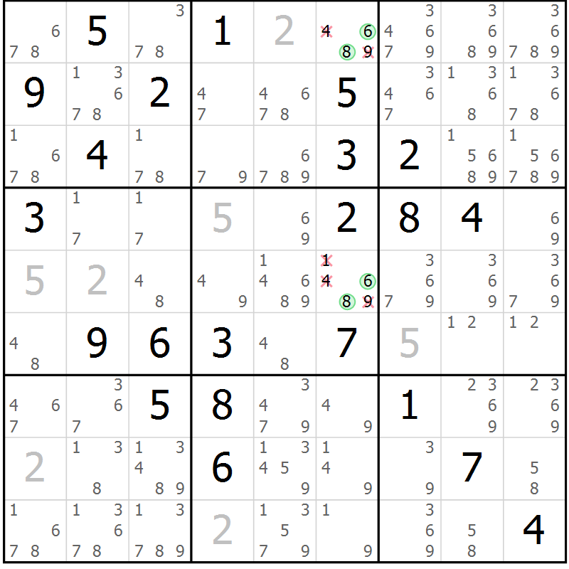 Position des candidats pour la solution de la Gr 82 page 85 du magazine de sudoku Maestro n° 101