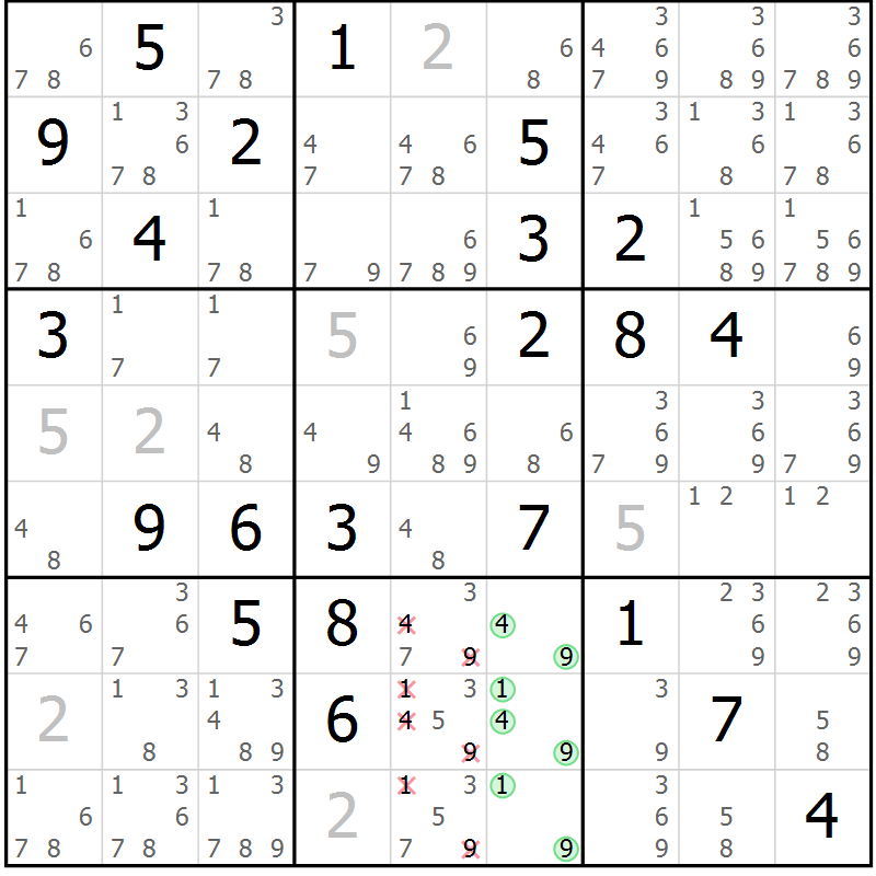 Position des candidats pour la solution de la Gr 82 page 85 du magazine de sudoku Maestro n° 101