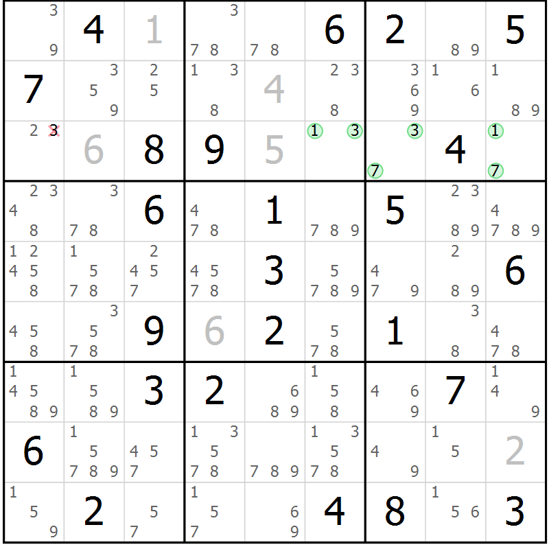 Position des candidats pour la solution de la Gr 83 page 86 du magazine de sudoku Maestro n° 101
