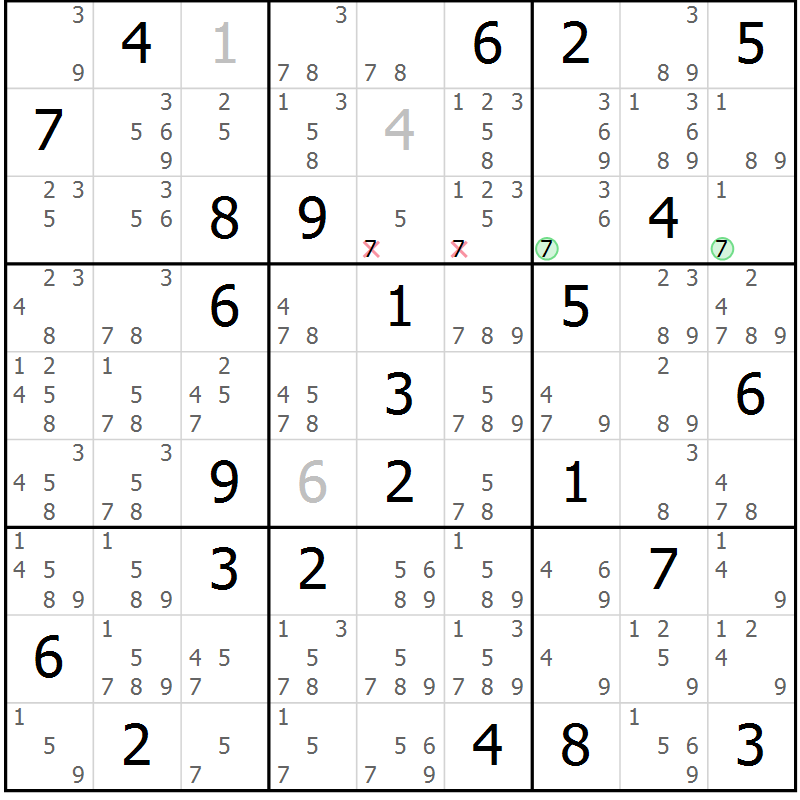 Position des candidats pour la solution de la Gr 83 page 86 du magazine de sudoku Maestro n° 101