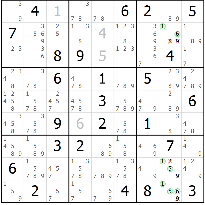 Position des candidats pour la solution de la Gr 83 page 86 du magazine de sudoku Maestro n° 101