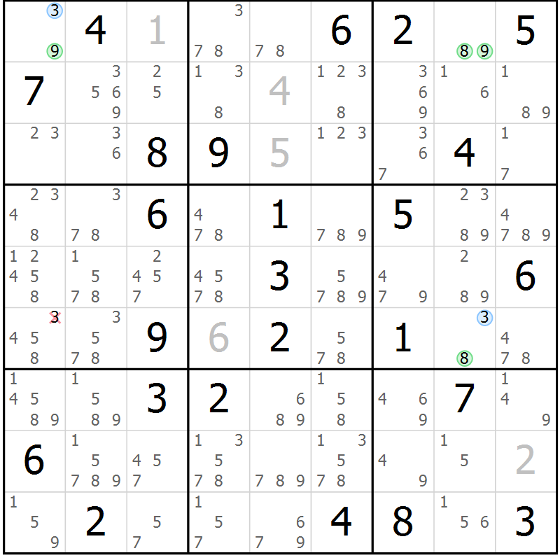Position des candidats pour la solution de la Gr 83 page 86 du magazine de sudoku Maestro n° 101