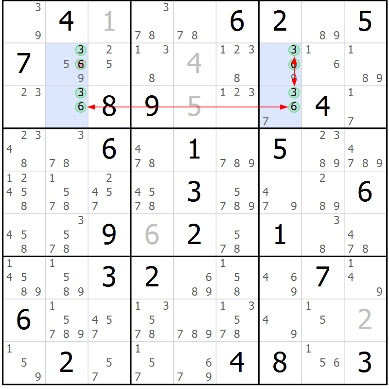 Position des candidats pour la solution de la Gr 83 page 86 du magazine de sudoku Maestro n° 101