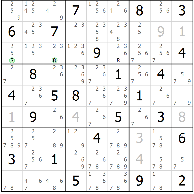 Position des candidats pour la solution de la Gr 84 page 87 du magazine de sudoku Maestro n° 101
