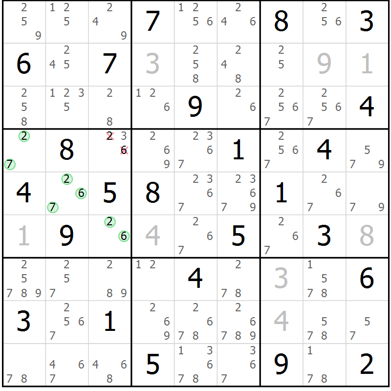 Position des candidats pour la solution de la Gr 84 page 87 du magazine de sudoku Maestro n° 101