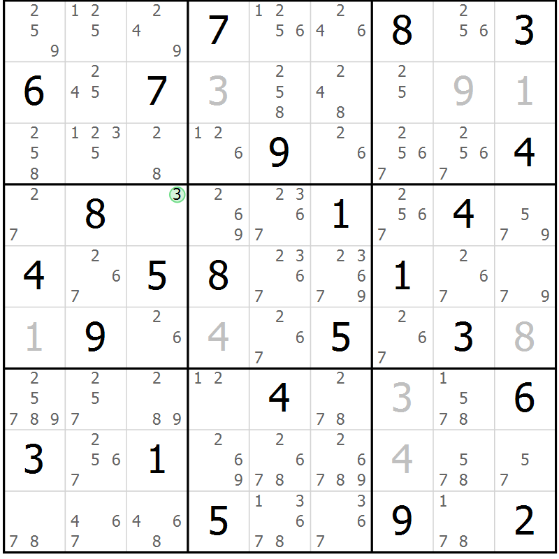 Position des candidats pour la solution de la Gr 84 page 87 du magazine de sudoku Maestro n° 101