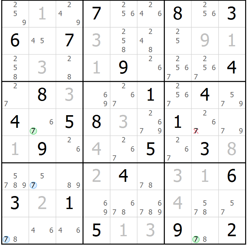 Position des candidats pour la solution de la Gr 84 page 87 du magazine de sudoku Maestro n° 101