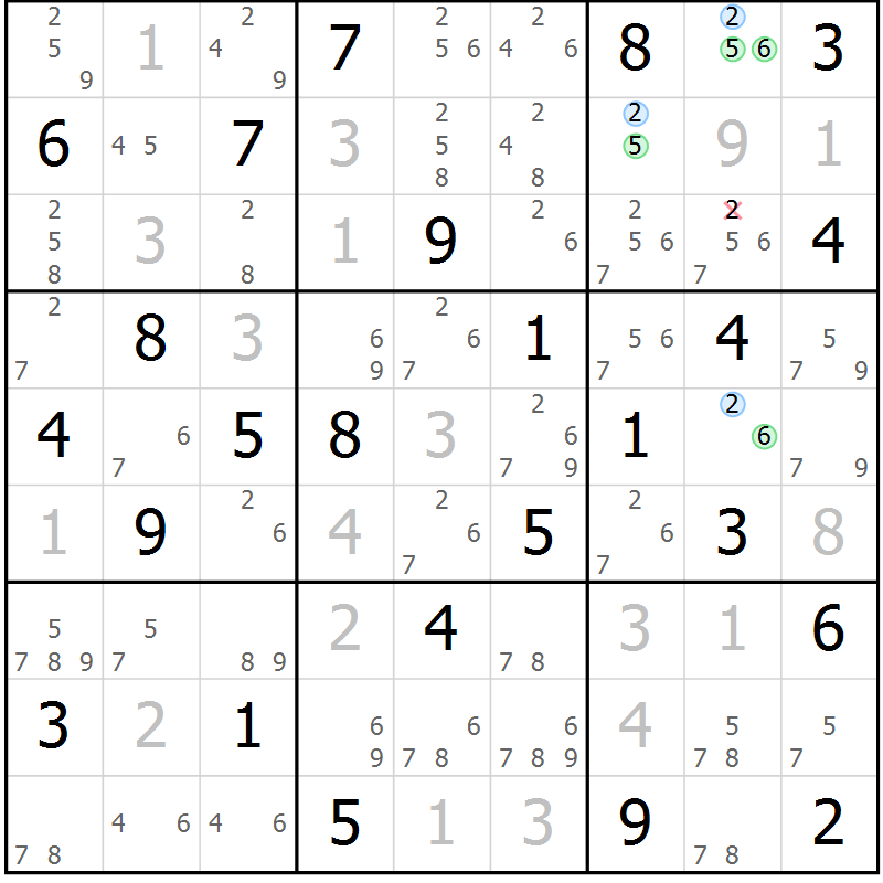 Position des candidats pour la solution de la Gr 84 page 87 du magazine de sudoku Maestro n° 101