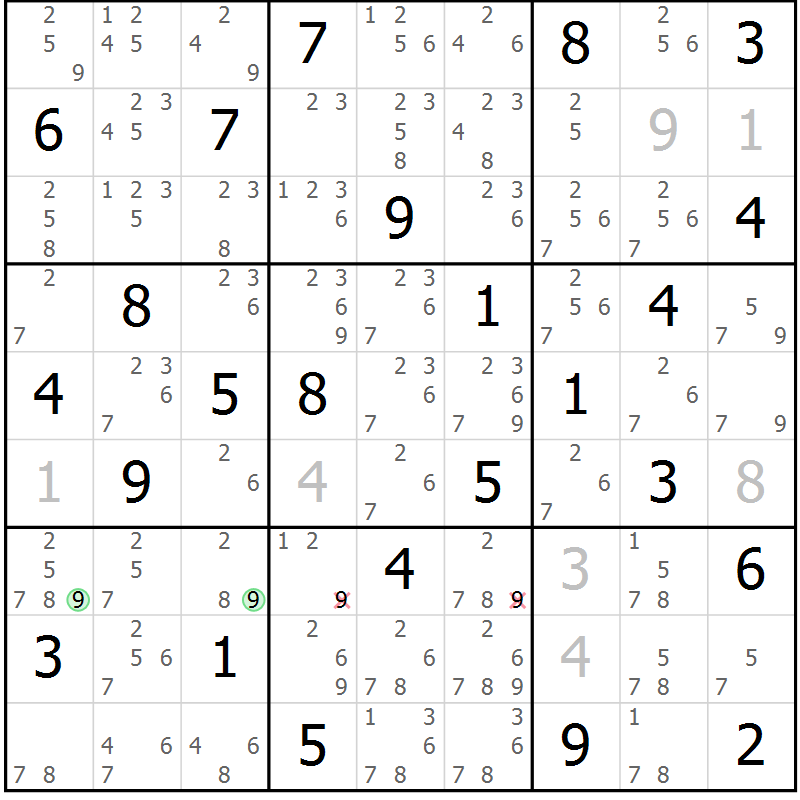 Position des candidats pour la solution de la Gr 84 page 87 du magazine de sudoku Maestro n° 101