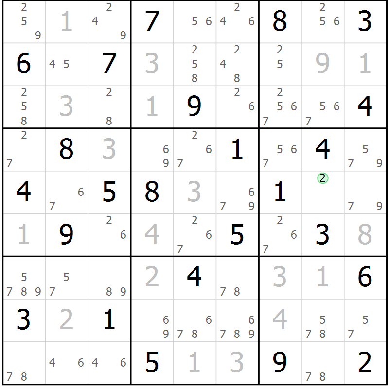 Position des candidats pour la solution de la Gr 84 page 87 du magazine de sudoku Maestro n° 101