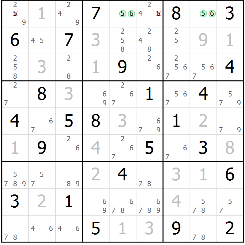Position des candidats pour la solution de la Gr 84 page 87 du magazine de sudoku Maestro n° 101