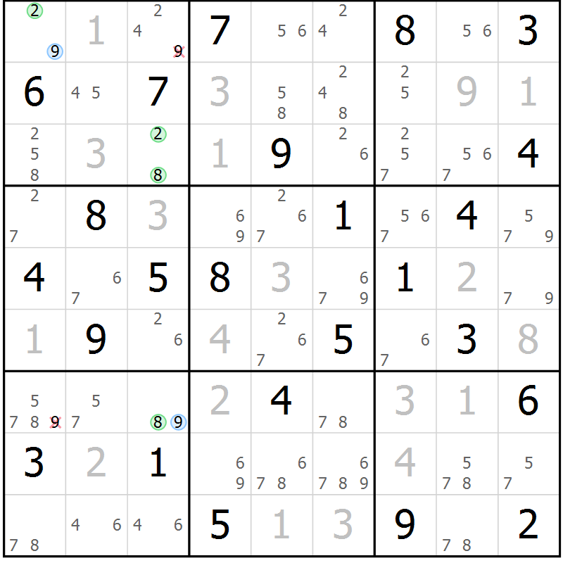 Position des candidats pour la solution de la Gr 84 page 87 du magazine de sudoku Maestro n° 101