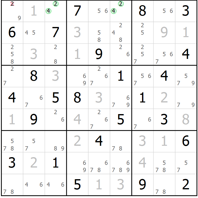 Position des candidats pour la solution de la Gr 84 page 87 du magazine de sudoku Maestro n° 101