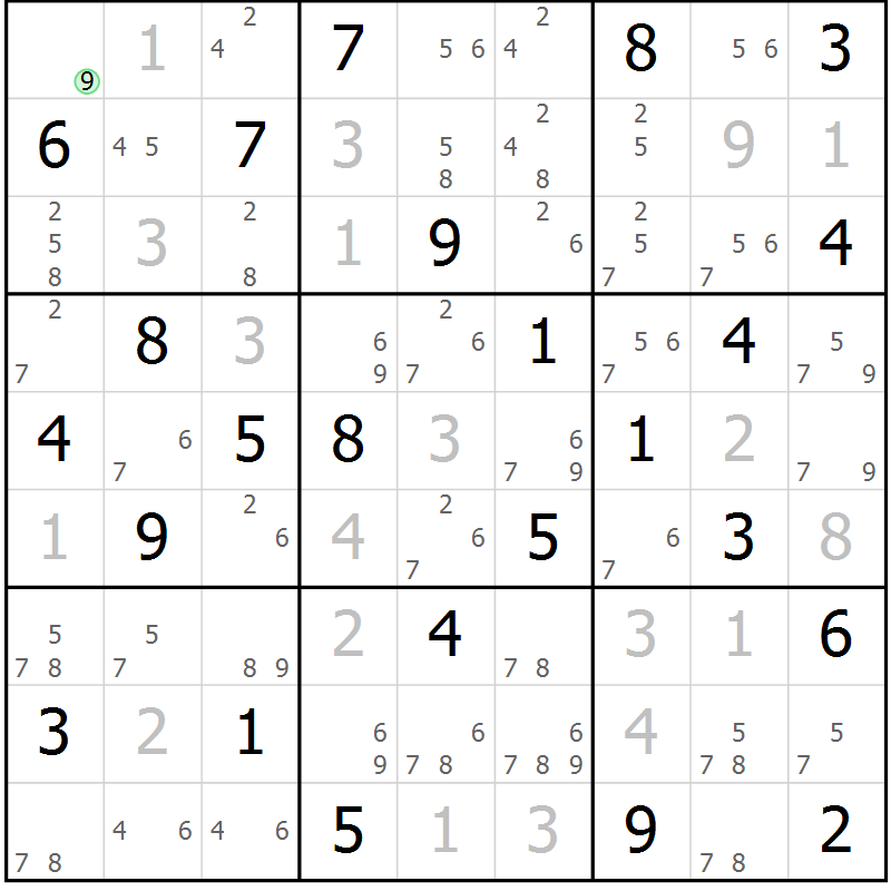 Position des candidats pour la solution de la Gr 84 page 87 du magazine de sudoku Maestro n° 101