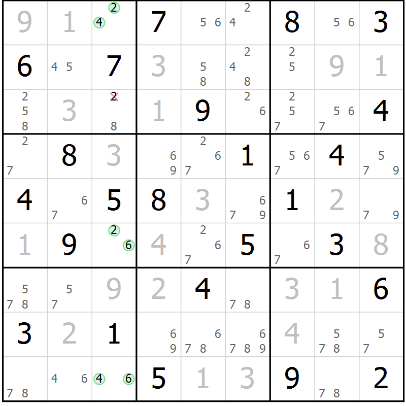 Position des candidats pour la solution de la Gr 84 page 87 du magazine de sudoku Maestro n° 101
