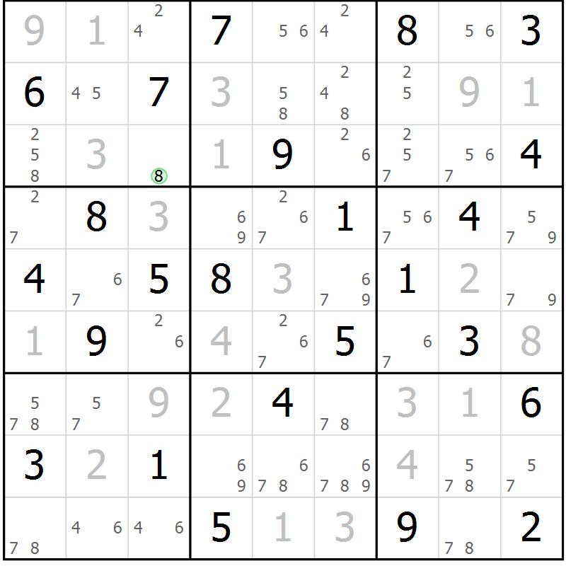Position des candidats pour la solution de la Gr 84 page 87 du magazine de sudoku Maestro n° 101