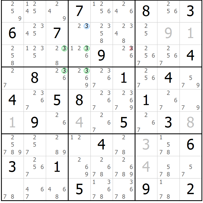 Position des candidats pour la solution de la Gr 84 page 87 du magazine de sudoku Maestro n° 101