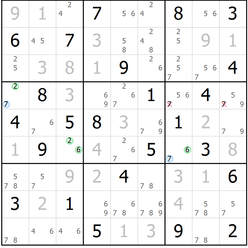 Position des candidats pour la solution de la Gr 84 page 87 du magazine de sudoku Maestro n° 101
