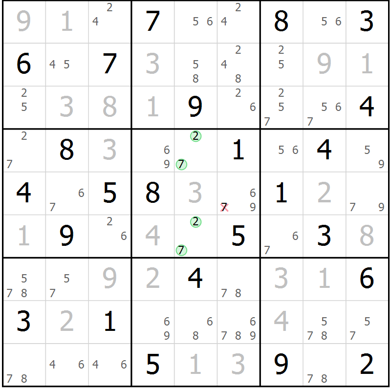 Position des candidats pour la solution de la Gr 84 page 87 du magazine de sudoku Maestro n° 101