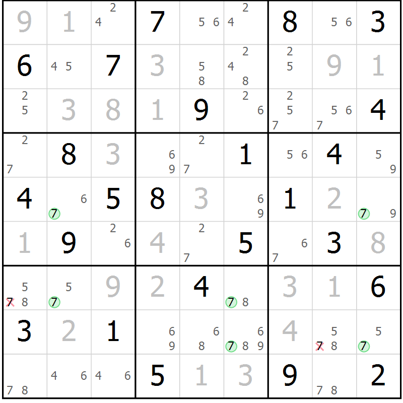 Position des candidats pour la solution de la Gr 84 page 87 du magazine de sudoku Maestro n° 101