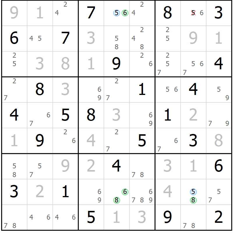 Position des candidats pour la solution de la Gr 84 page 87 du magazine de sudoku Maestro n° 101