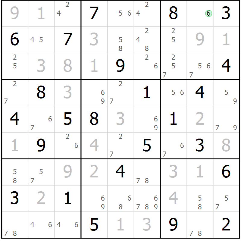 Position des candidats pour la solution de la Gr 84 page 87 du magazine de sudoku Maestro n° 101