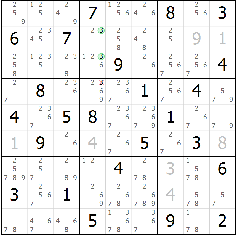 Position des candidats pour la solution de la Gr 84 page 87 du magazine de sudoku Maestro n° 101