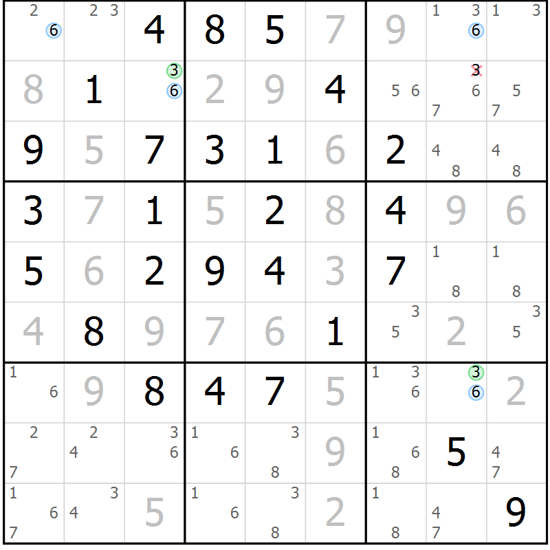 Position des candidats pour la solution de la Gr 9 page 12 du magazine de sudoku Maestro n° 101