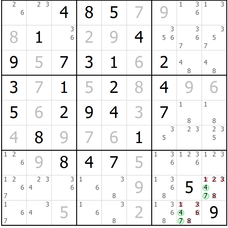 Position des candidats pour la solution de la Gr 9 page 12 du magazine de sudoku Maestro n° 101