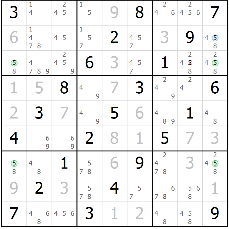 Position des candidats pour la solution de la Gr 1 page 4 du magazine de sudoku Maestro n° 102